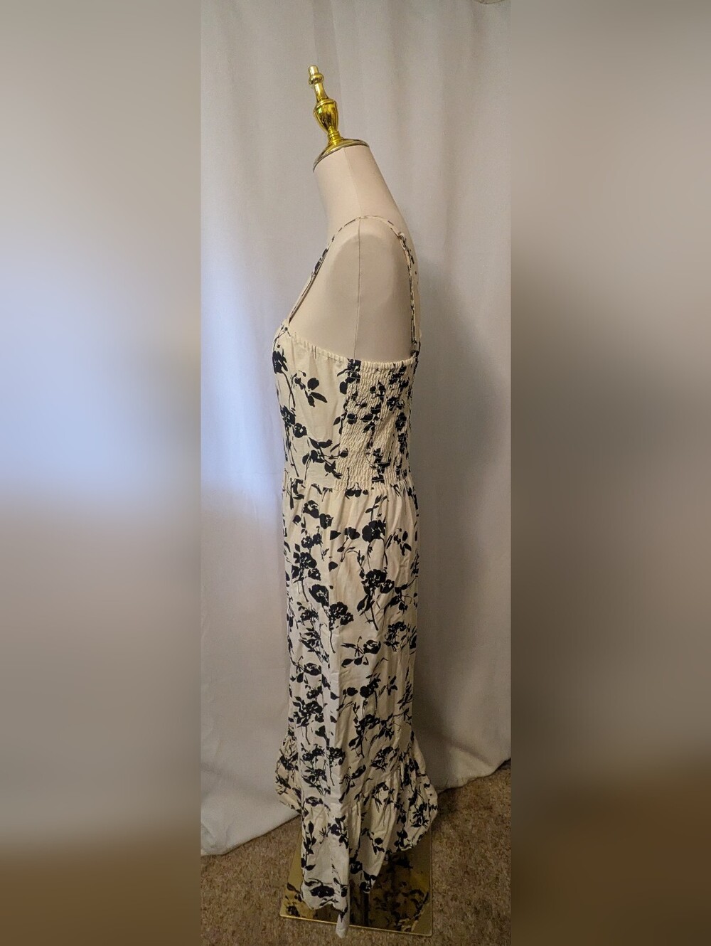 Cream and Black Floral Midi Dress with Ruffle Hem Cotton NWT - Picture 3 of 11